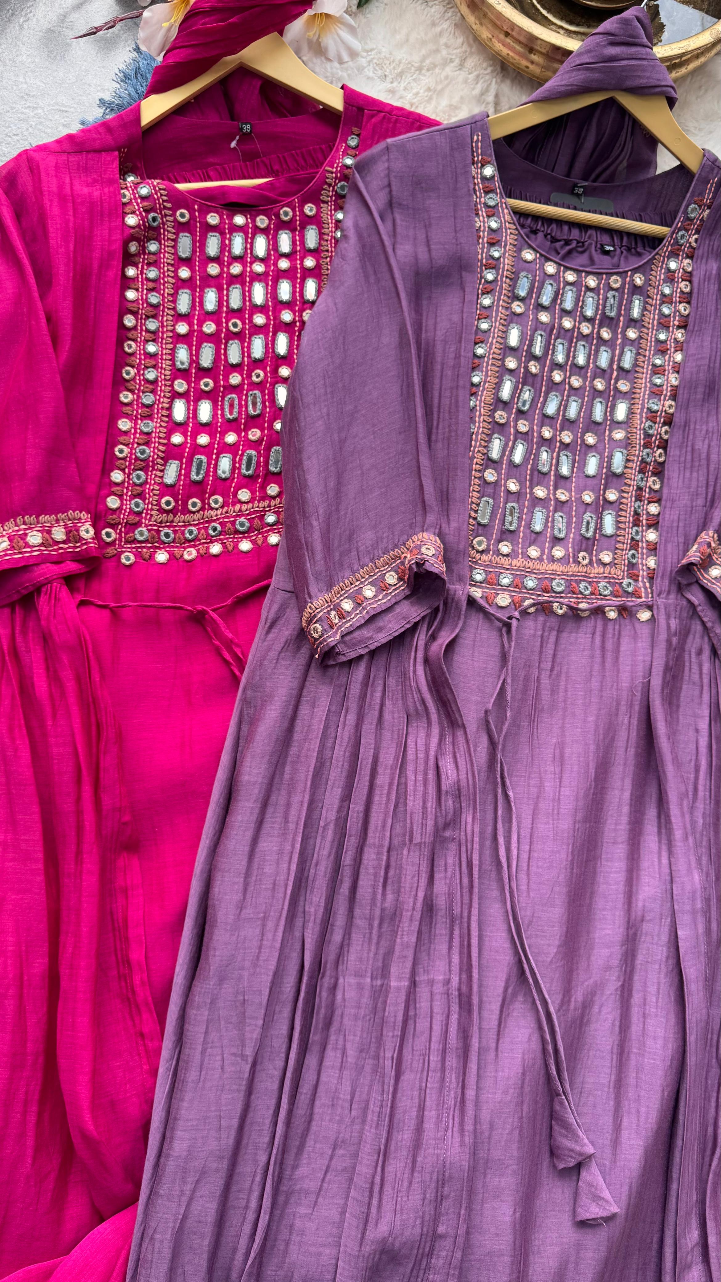 Real Mirror Front Work With Attached Jacket Mul Chanderi A-Line Full Suit Set 10514 10513