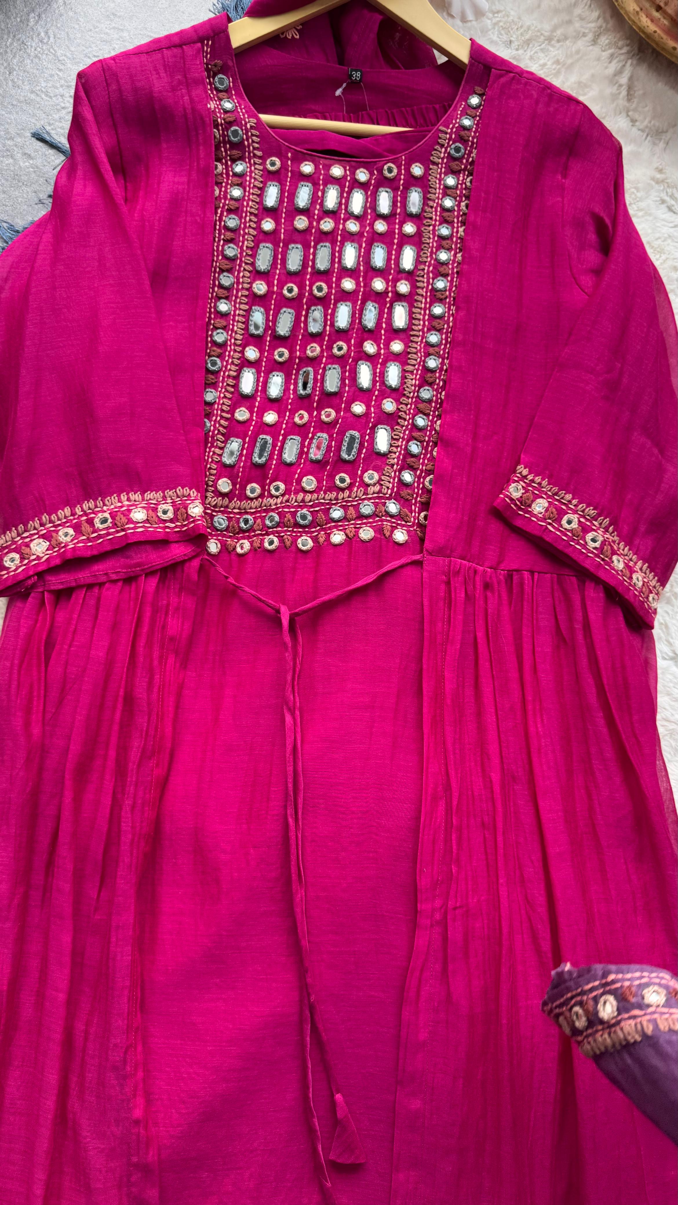 Real Mirror Front Work With Attached Jacket Mul Chanderi A-Line Full Suit Set 10514 10513