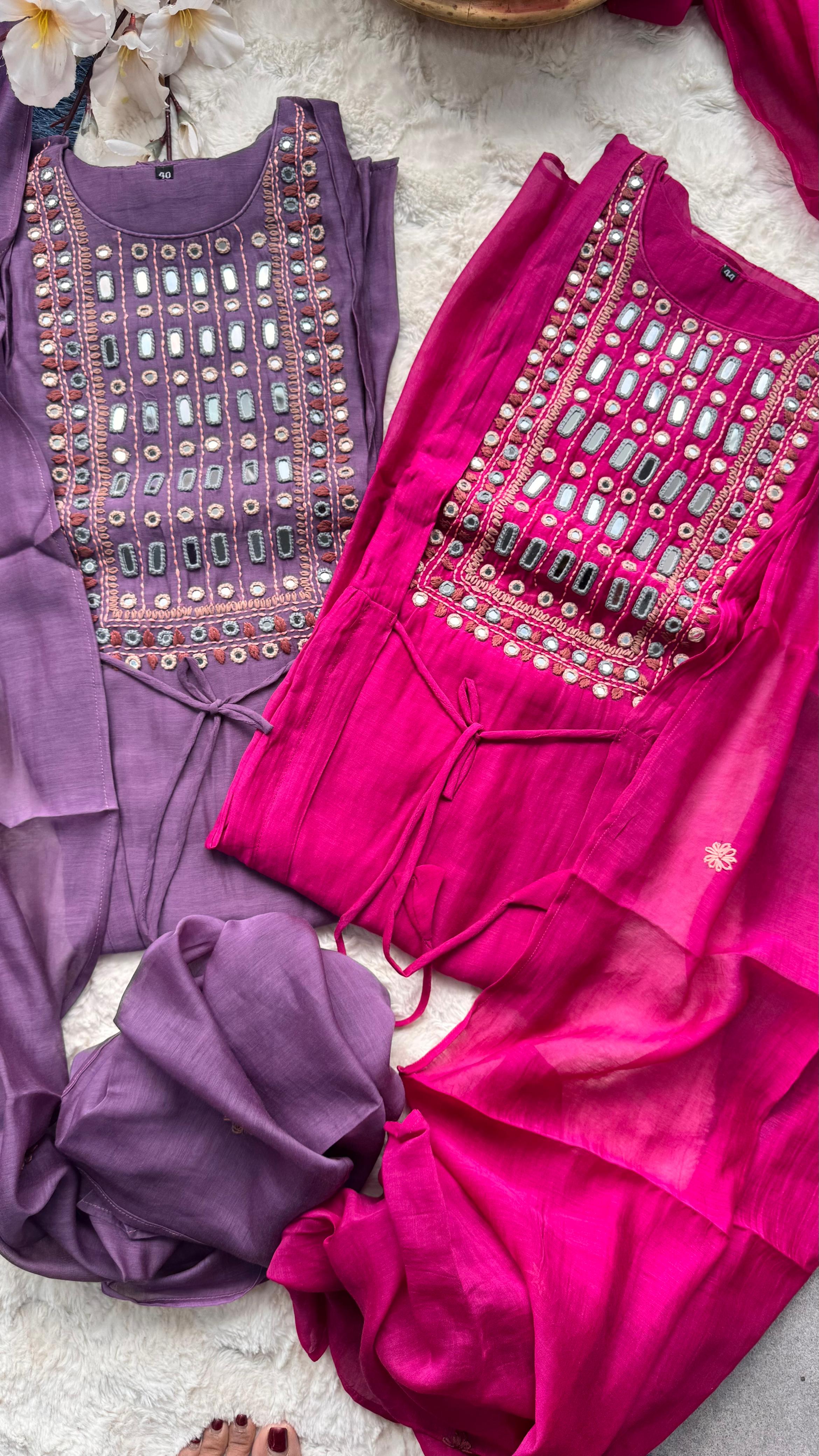 Real Mirror Front Work With Attached Jacket Mul Chanderi A-Line Full Suit Set 10514 10513
