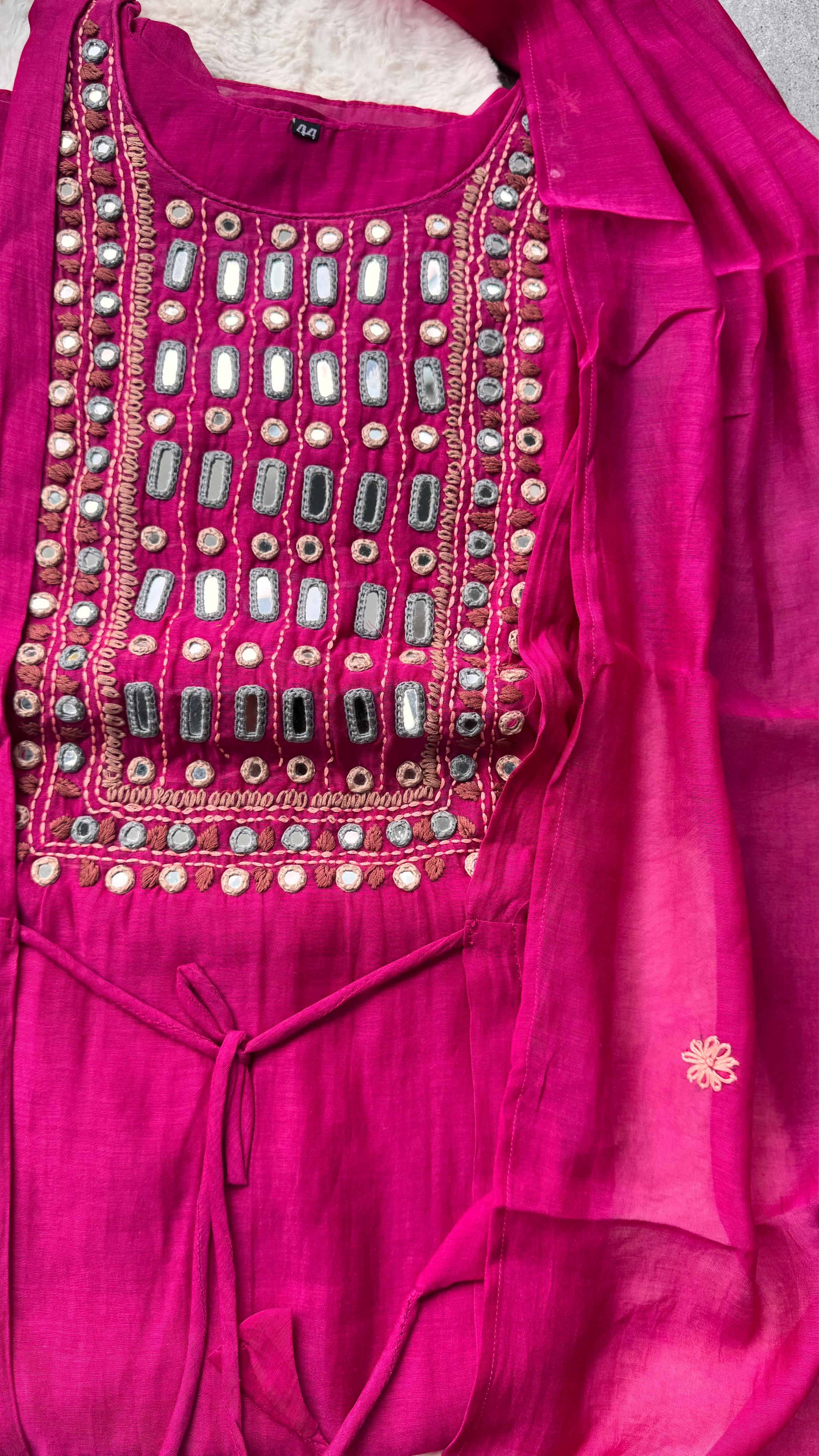 Real Mirror Front Work With Attached Jacket Mul Chanderi A-Line Full Suit Set 10514 10513