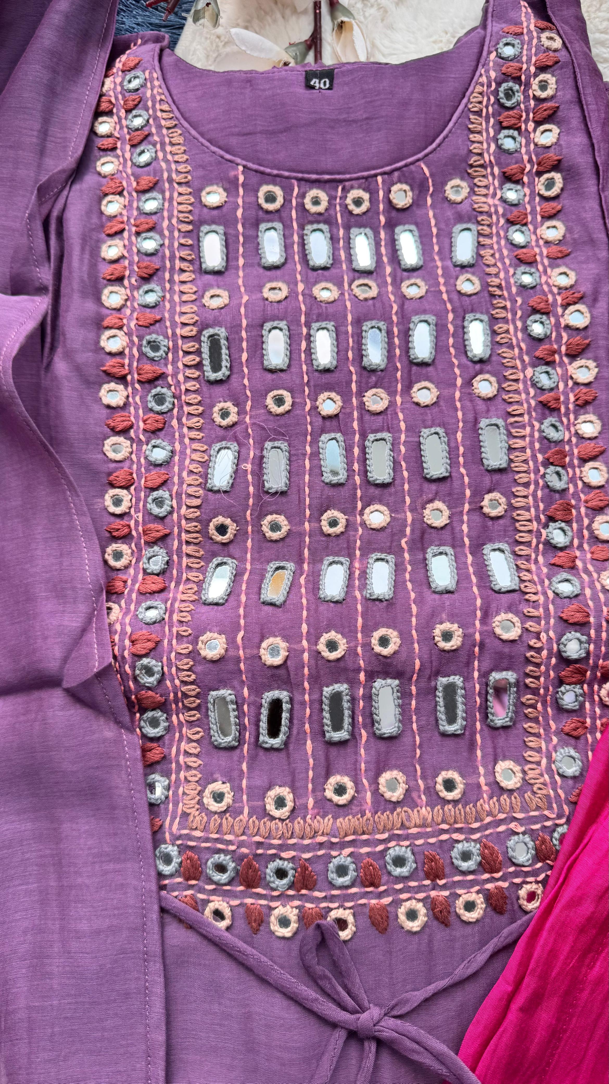 Real Mirror Front Work With Attached Jacket Mul Chanderi A-Line Full Suit Set 10514 10513