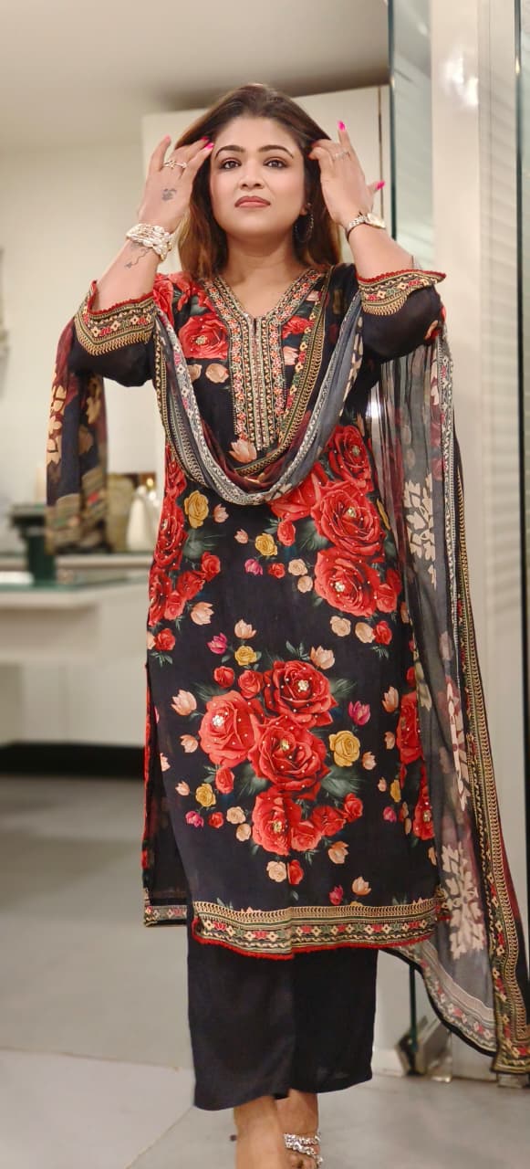 Rose Bloom Embroidery Work Full Suit Set With Dupatta In Chinon Fabric- 10879