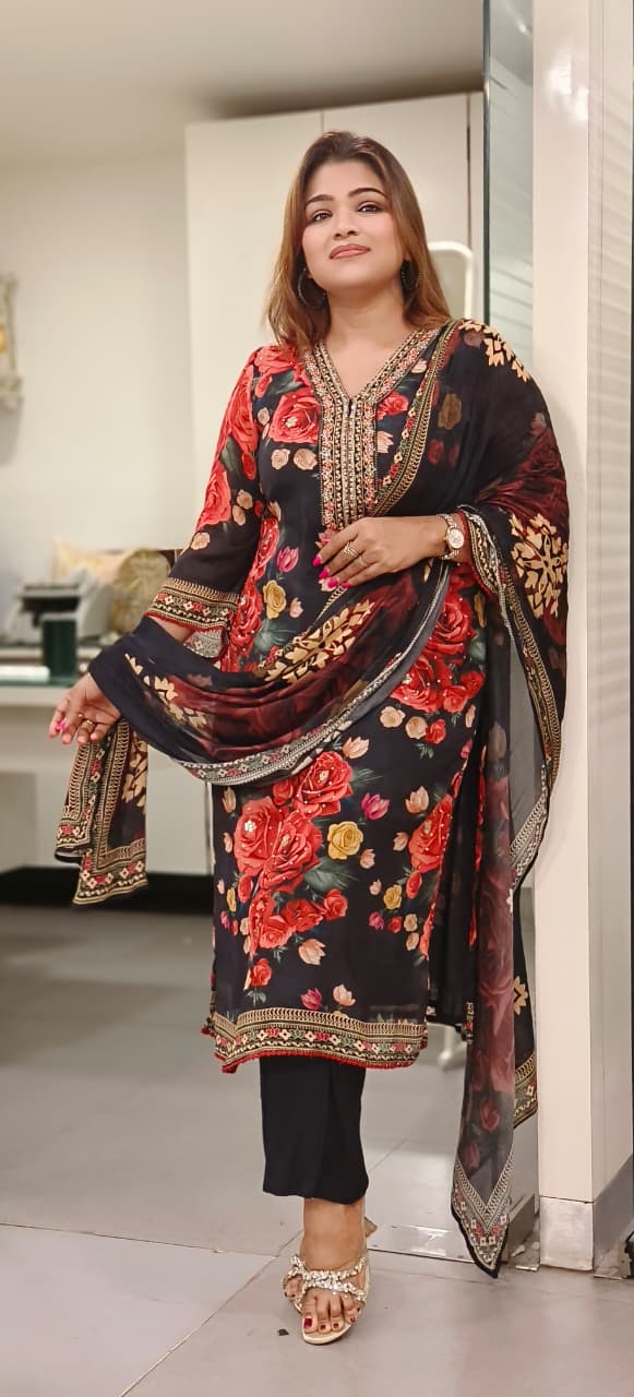 Rose Bloom Embroidery Work Full Suit Set With Dupatta In Chinon Fabric- 10879