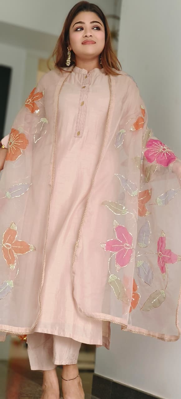 Royal Straight-Cut Silk Kurta Set with Floral Embroidered Organza Dupatta and Subtle Neckline Detailing-10225,26,27
