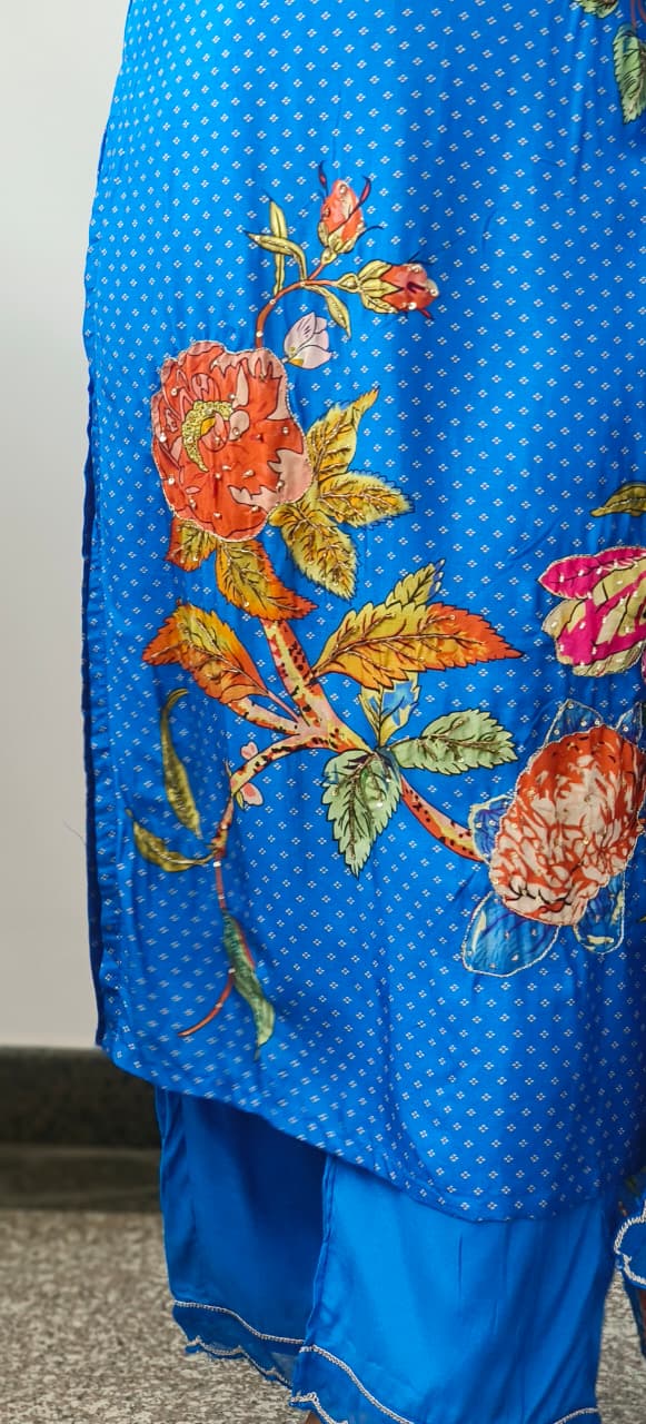 Festive Aura Floral Patched Russian Silk Full Suit Set With Organza Dupatta-10895