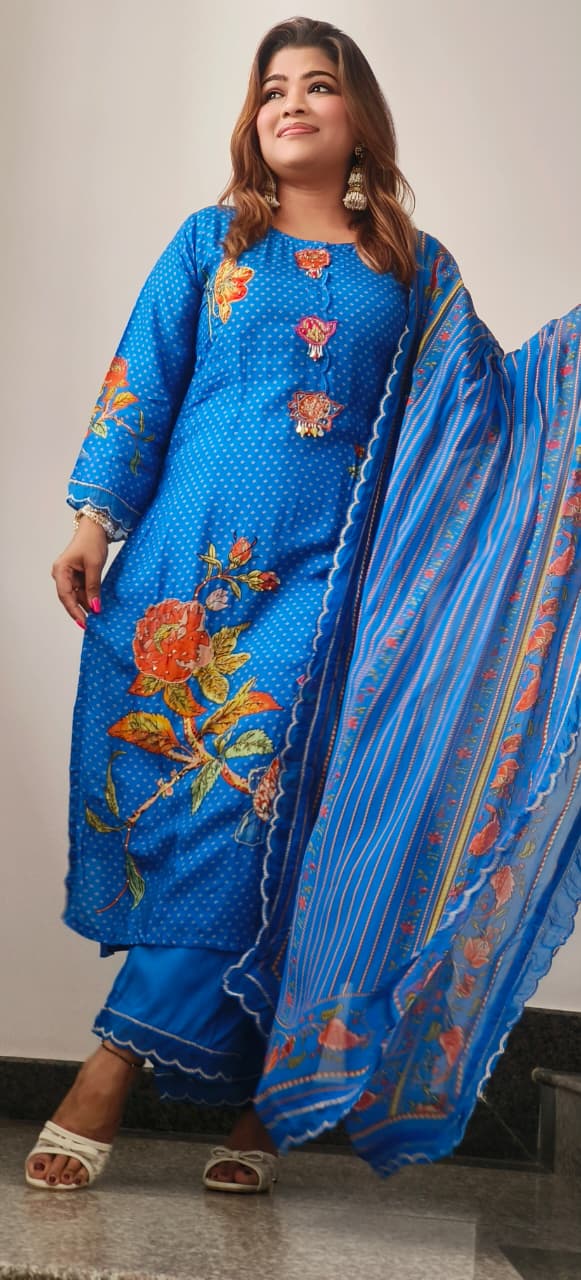 Festive Aura Floral Patched Russian Silk Full Suit Set With Organza Dupatta-10895