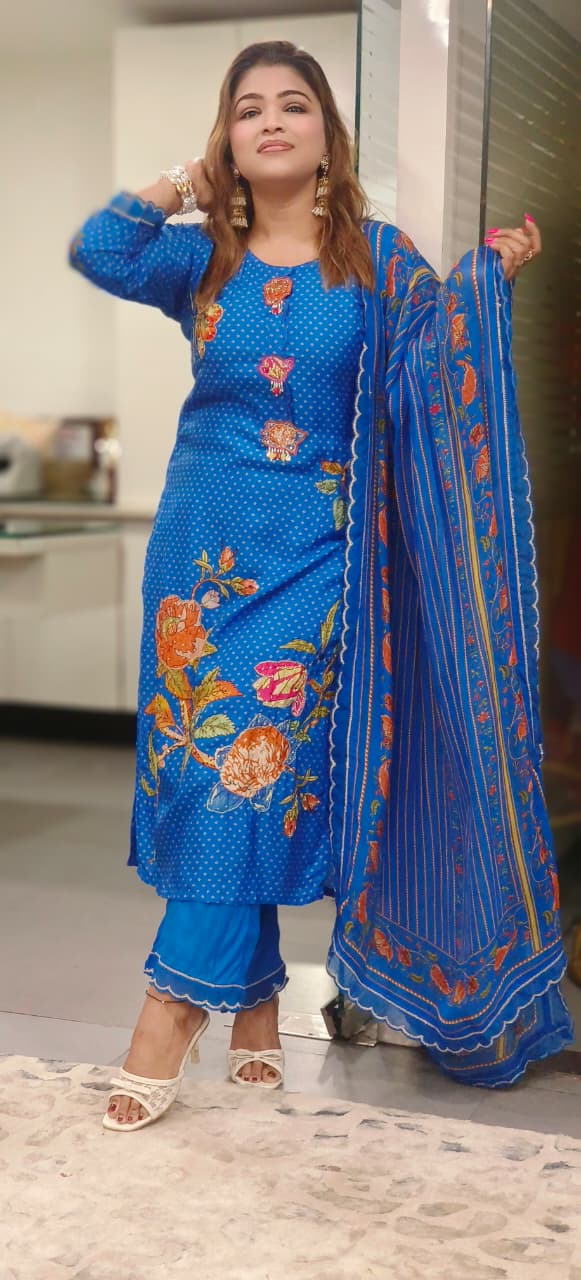 Festive Aura Floral Patched Russian Silk Full Suit Set With Organza Dupatta-10895