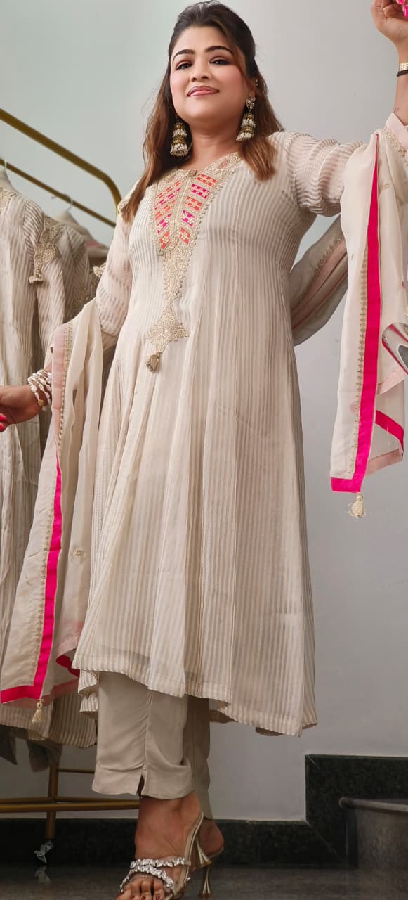 Beautiful Front Zardosi Front Work Tissue Striped Panel Anarkali Full Suit Set With Dupatta- 10894