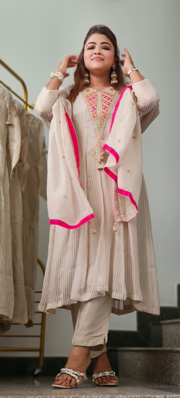 Beautiful Front Zardosi Front Work Tissue Striped Panel Anarkali Full Suit Set With Dupatta- 10894