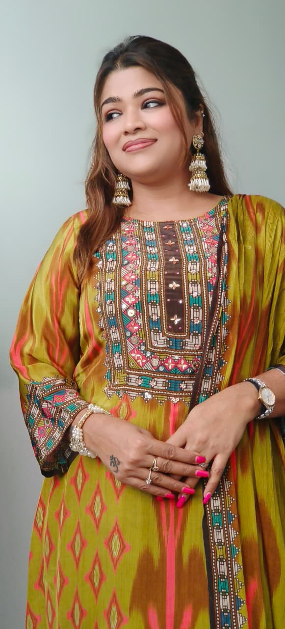 Radiant Ikkat Beautiful Yoke Full Suit Set With Dupatta In Crepe Fabric With Mul Cotton Lining- 10876