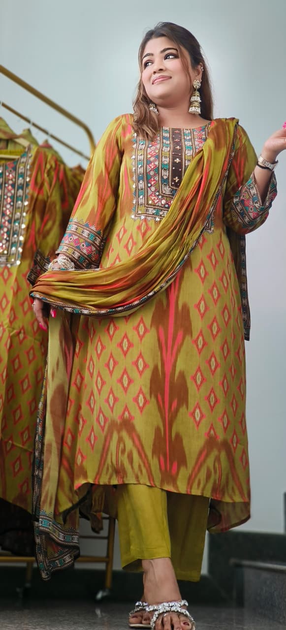Radiant Ikkat Beautiful Yoke Full Suit Set With Dupatta In Crepe Fabric With Mul Cotton Lining- 10876