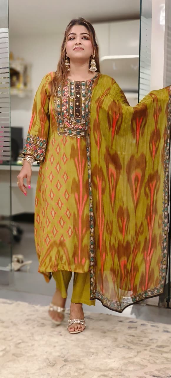 Radiant Ikkat Beautiful Yoke Full Suit Set With Dupatta In Crepe Fabric With Mul Cotton Lining- 10876