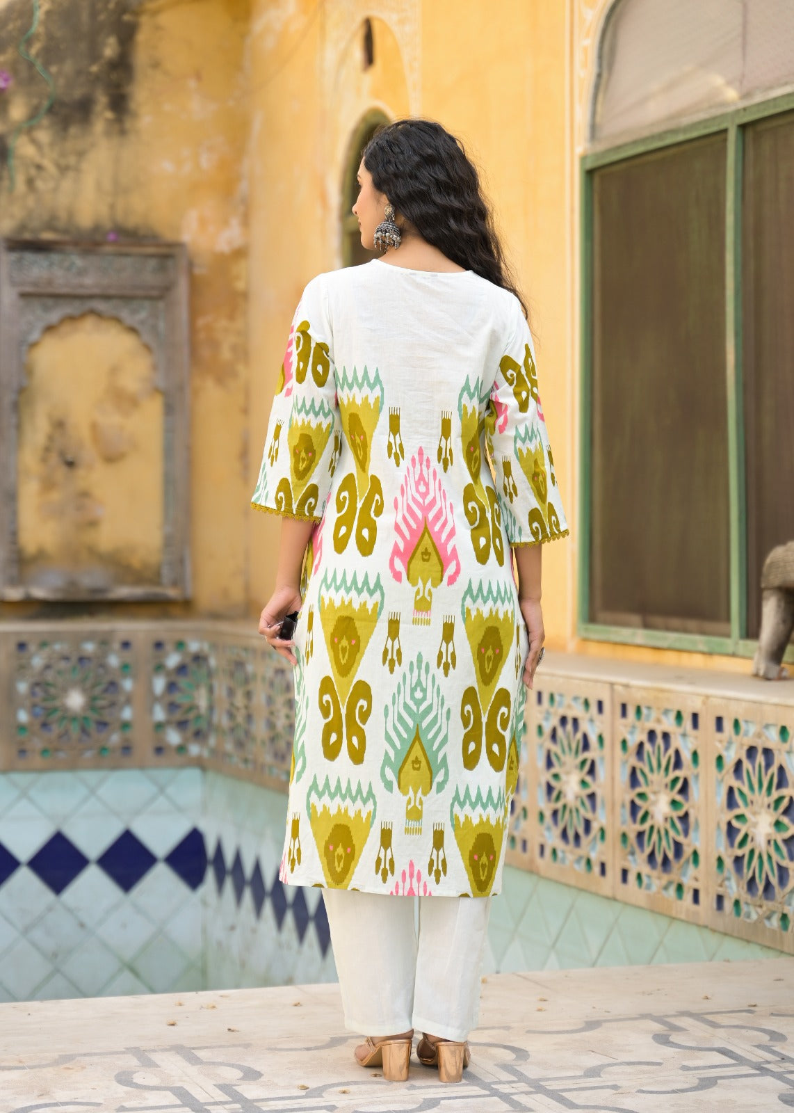 Ikkat Elegance With Tri-Color Lace Work Full Suit Set With Dupatta In Cotton Fabric- 10535