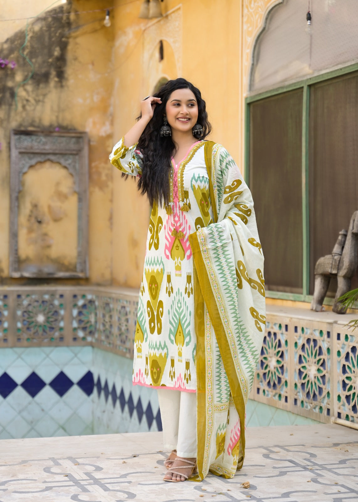 Ikkat Elegance With Tri-Color Lace Work Full Suit Set With Dupatta In Cotton Fabric- 10535