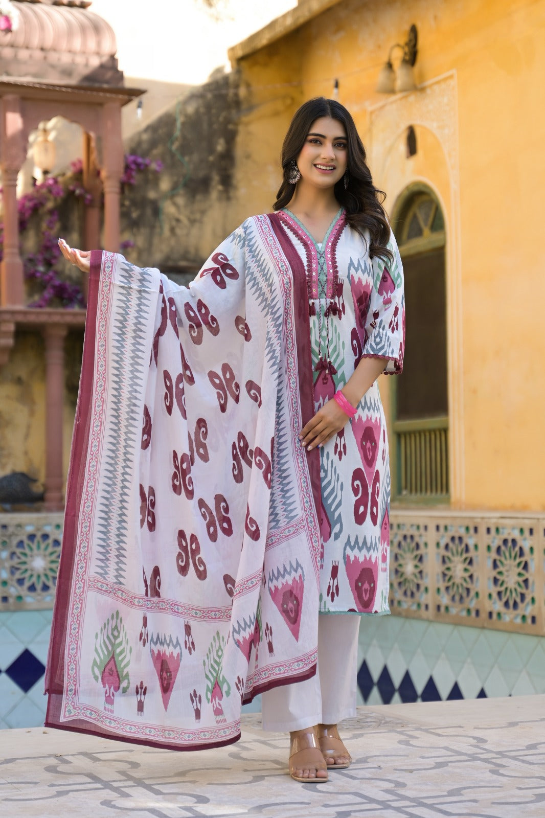 Ikkat Elegance With Tri-Color Lace Work Full Suit Set With Dupatta In Cotton Fabric- 10535