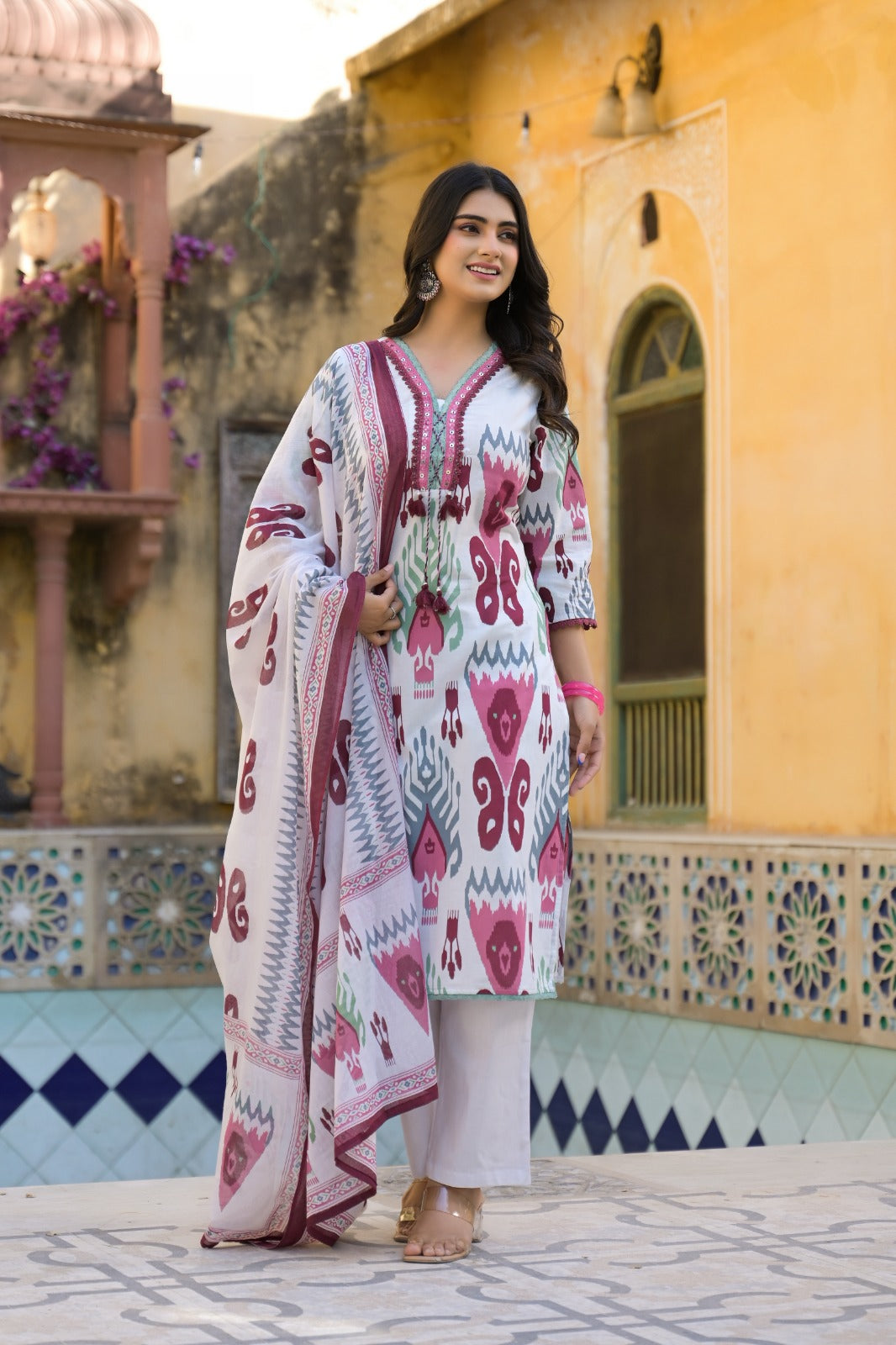 Ikkat Elegance With Tri-Color Lace Work Full Suit Set With Dupatta In Cotton Fabric- 10535