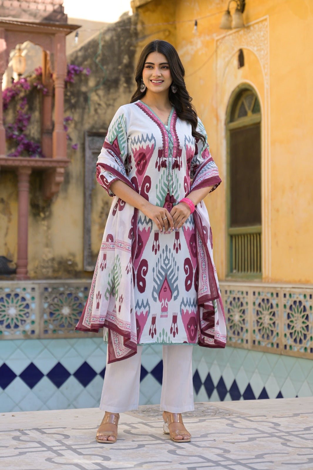 Ikkat Elegance With Tri-Color Lace Work Full Suit Set With Dupatta In Cotton Fabric- 10535