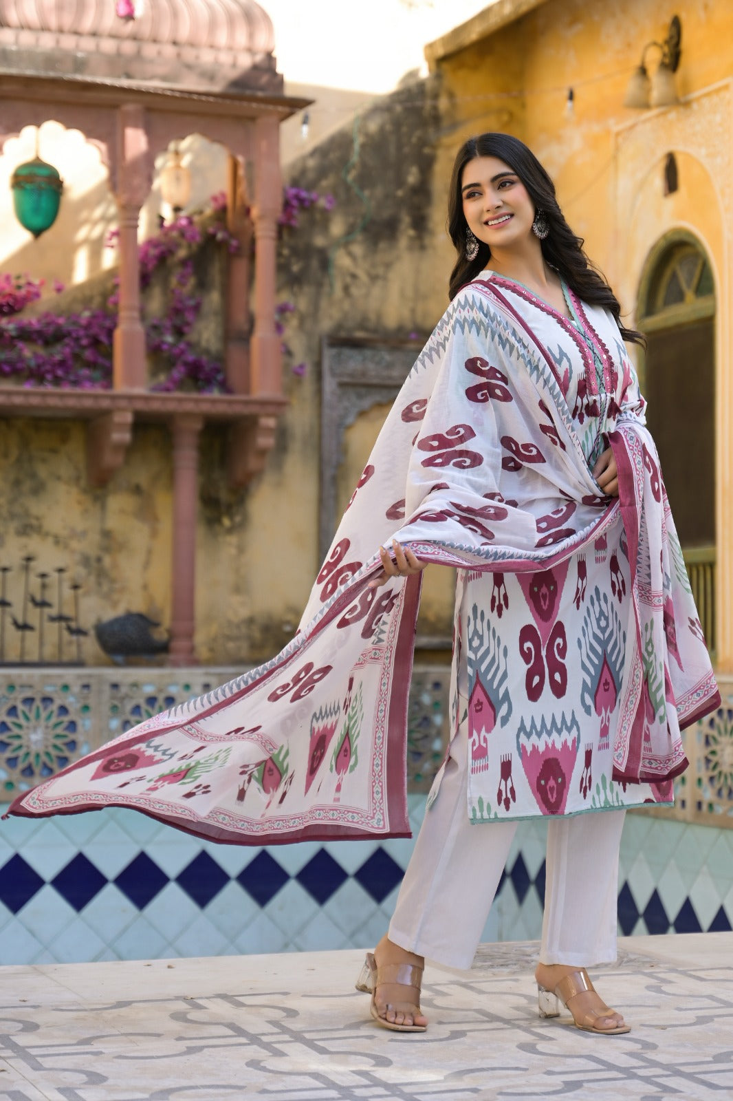 Ikkat Elegance With Tri-Color Lace Work Full Suit Set With Dupatta In Cotton Fabric- 10535
