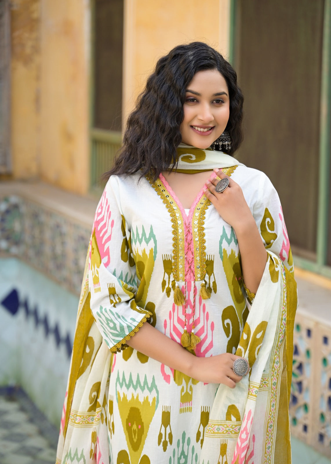 Ikkat Elegance With Tri-Color Lace Work Full Suit Set With Dupatta In Cotton Fabric- 10535