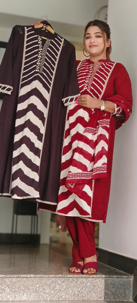 Striped Yoke Mandarin Collared Full Suit Set With Dupatta In Cotton Fabric- 10969, 10970