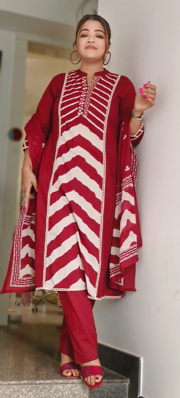 Striped Yoke Mandarin Collared Full Suit Set With Dupatta In Cotton Fabric- 10969, 10970