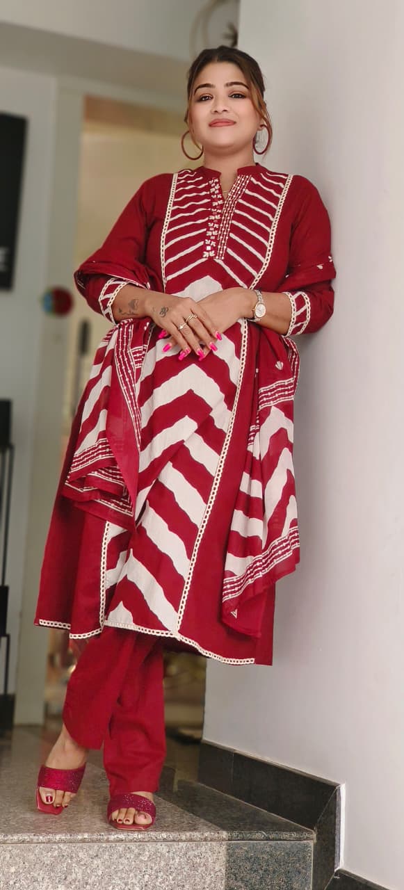 Striped Yoke Mandarin Collared Full Suit Set With Dupatta In Cotton Fabric- 10969, 10970