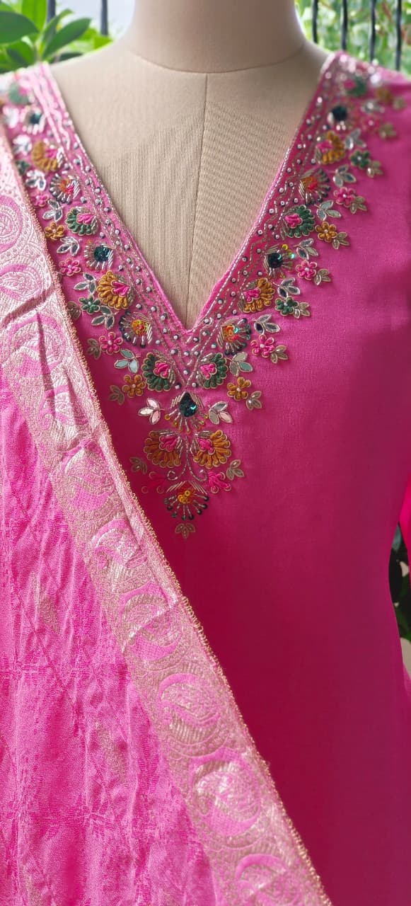 Colorful Floral Embroidery & Mirror Work Detailing Pink Full Suit Set With Dupatta In Tissue Fabric- 10977