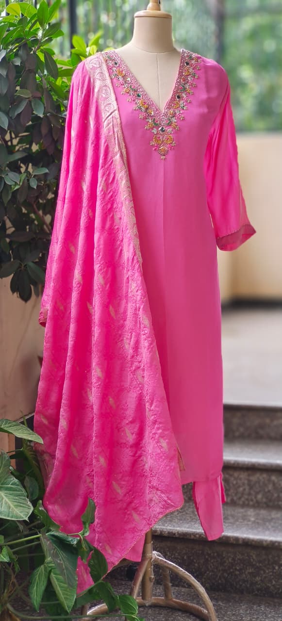 Colorful Floral Embroidery & Mirror Work Detailing Pink Full Suit Set With Dupatta In Tissue Fabric- 10977