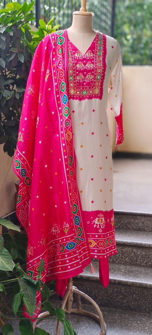Rajasthani Prints Graceful Pink White Full Suit Set With Dupatta In Russian Silk Fabric-11011
