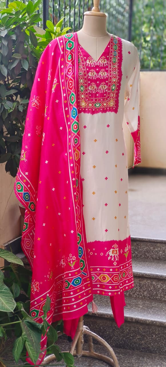 Rajasthani Prints Graceful Pink White Full Suit Set With Dupatta In Russian Silk Fabric-11011