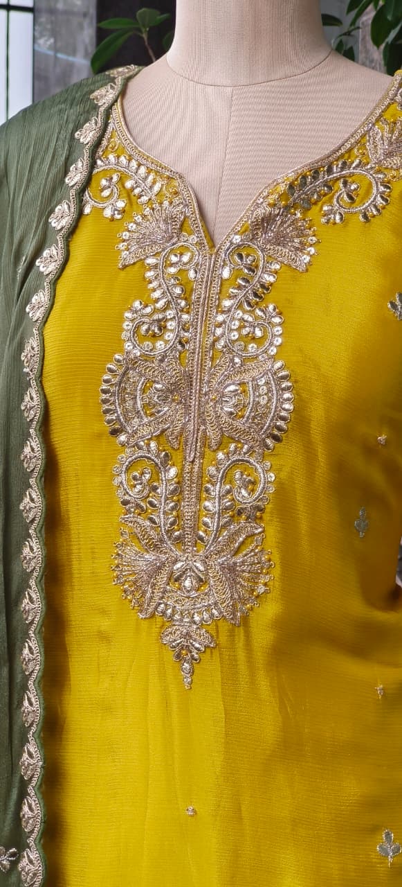 Dual Tone Sunheri Handwork Chinon Full Suit Set With Dupatta & Heavily Worked Panel Palazzo Bottom- 11008