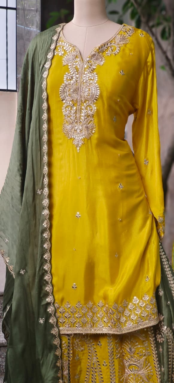 Dual Tone Sunheri Handwork Chinon Full Suit Set With Dupatta & Heavily Worked Panel Palazzo Bottom- 11008