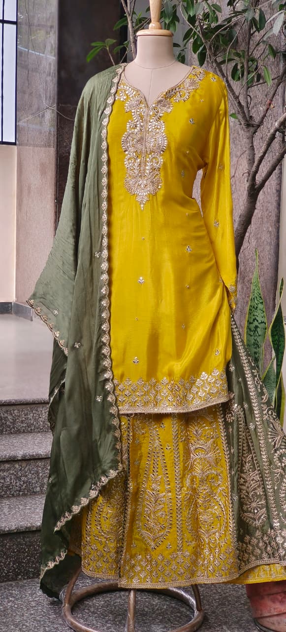 Dual Tone Sunheri Handwork Chinon Full Suit Set With Dupatta & Heavily Worked Panel Palazzo Bottom- 11008
