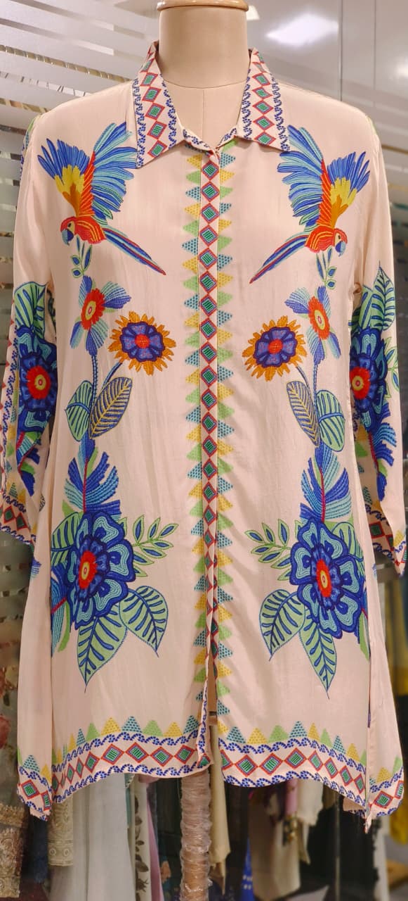 Gardenia Bird Print Collared Short Kurti Only- 10943