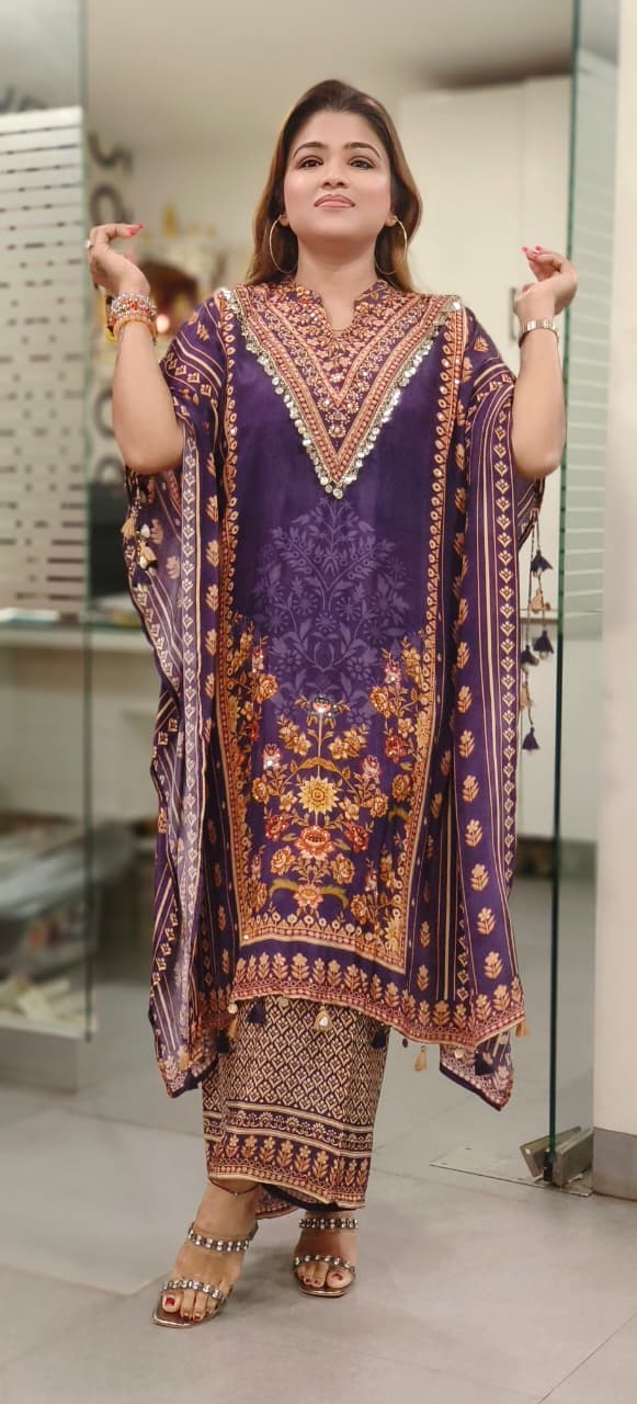 V-Neck Foil Hang Beautifully Printed Kaftan Suit With Bottom In Crepe Fabric- 10942