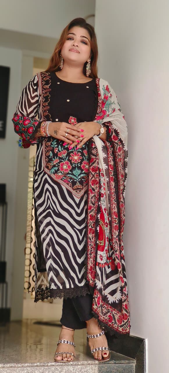 Radiant Floral Bloom Striped Full Suit Set With Dupatta In Organza Fabric- 10974