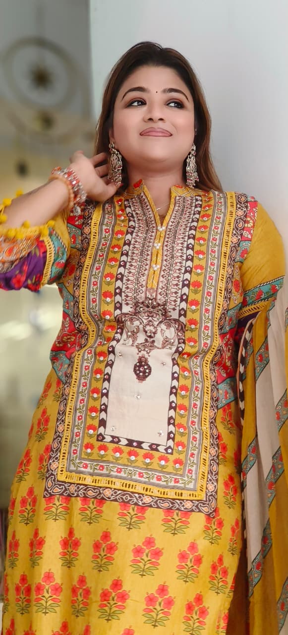 Multicolored Beautiful Placement Designed Lawn Full Suit Set With Dupatta & Farsi Bottom In Russian Silk Fabric- 10967