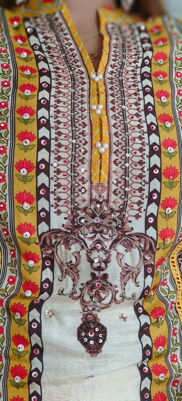 Multicolored Beautiful Placement Designed Lawn Full Suit Set With Dupatta & Farsi Bottom In Russian Silk Fabric- 10967