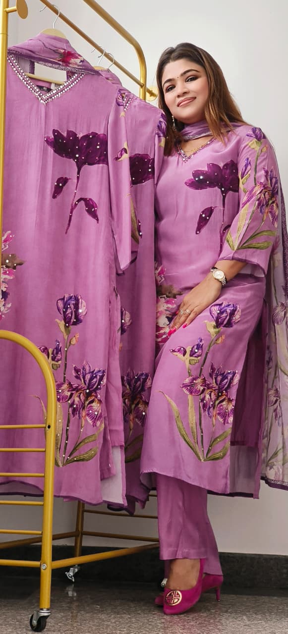 Light Handwork In Neck Floral Printed Crepe Full Suit Set With Chinon Dupatta- 10966