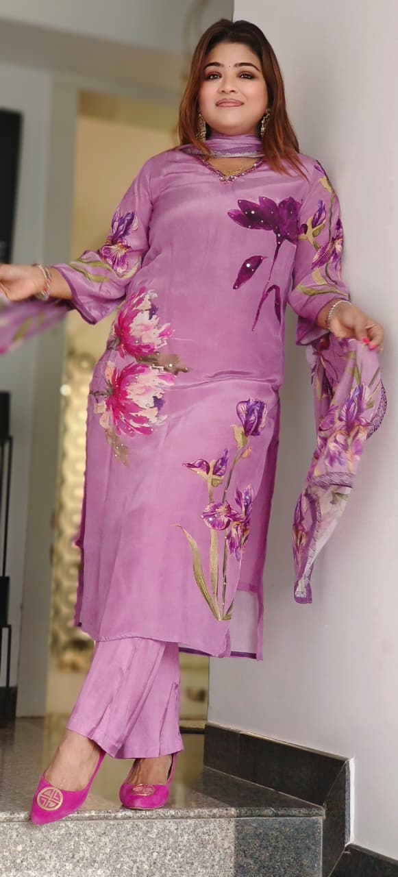 Light Handwork In Neck Floral Printed Crepe Full Suit Set With Chinon Dupatta- 10966