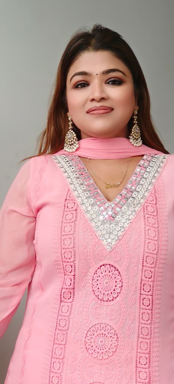 Very Elegant Real Mirror Neck Work Chikankari Georgette Full Suit Set With Chinon Dupatta- 10982