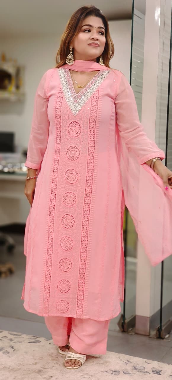 Very Elegant Real Mirror Neck Work Chikankari Georgette Full Suit Set With Chinon Dupatta- 10982