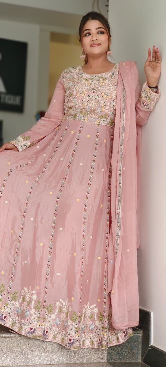 Heavily Embroidered Panel Anarkali Suit With Dupatta In Chinon Fabric- 11006, 11007