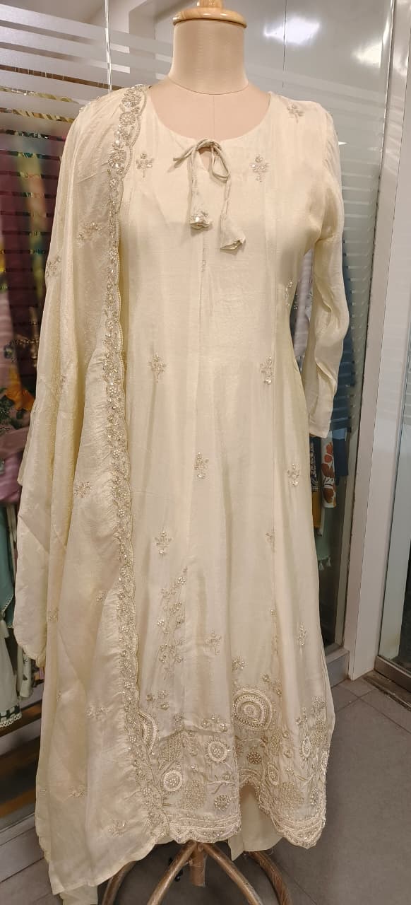 Very Elegant Panel Anarkali Full Suit Set With Dupatta In Shimmer Tissue Fabric With Heavy Handwork- 10946