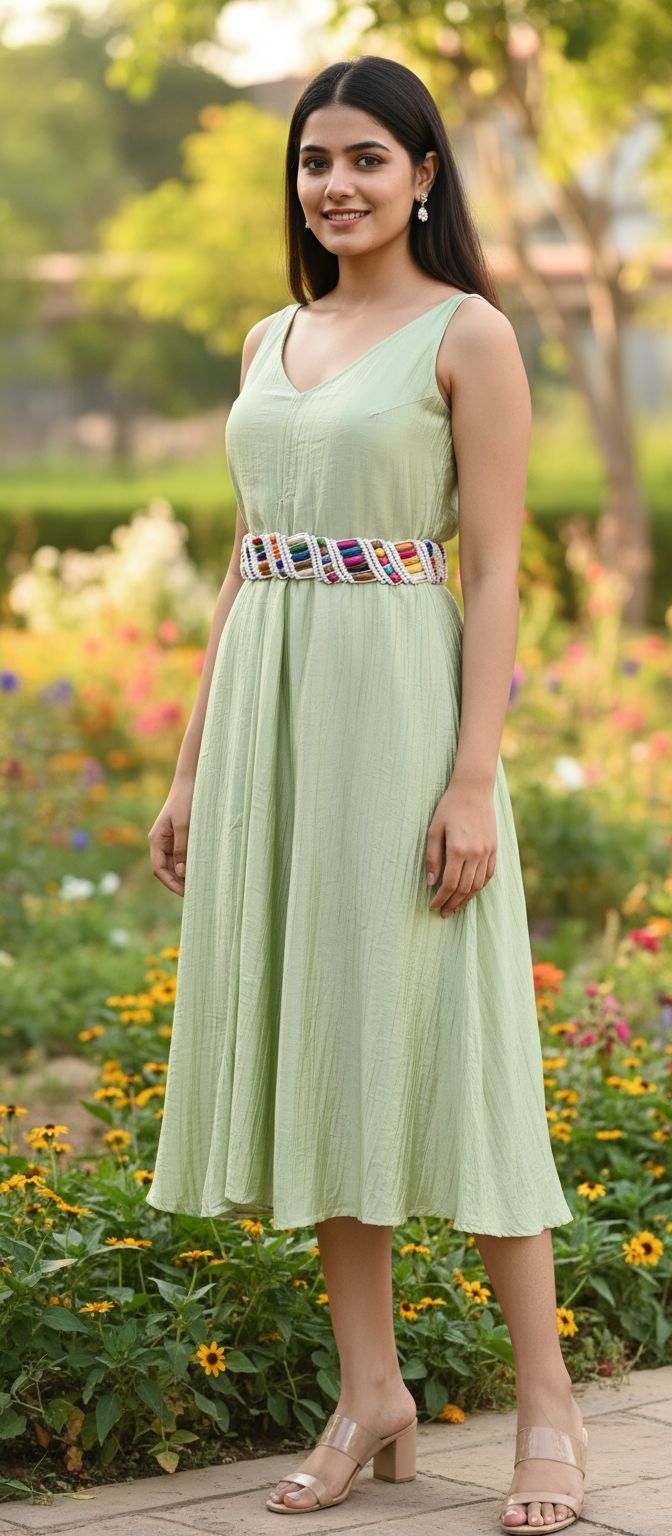 Sunny Glow Midi Dress With Colorful Thread Belt