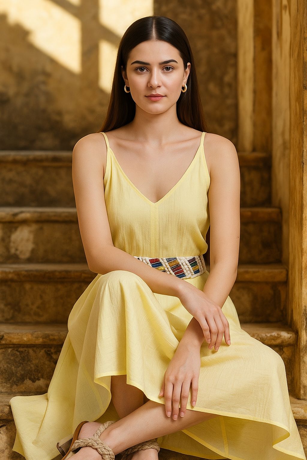 Sunny Glow Midi Dress With Colorful Thread Belt