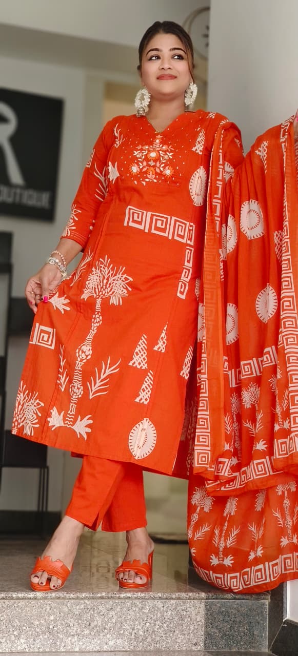 Blooming Tradition Printed Full Suit Set With Dupatta In Cotton Fabric- 11013, 11014