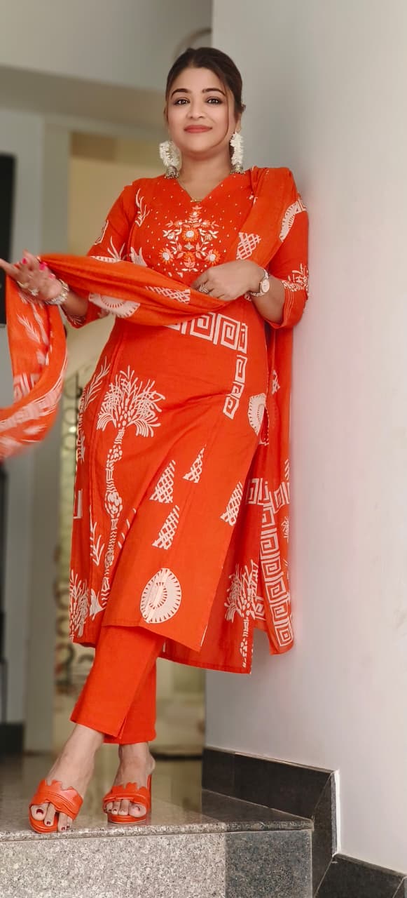 Blooming Tradition Printed Full Suit Set With Dupatta In Cotton Fabric- 11013, 11014