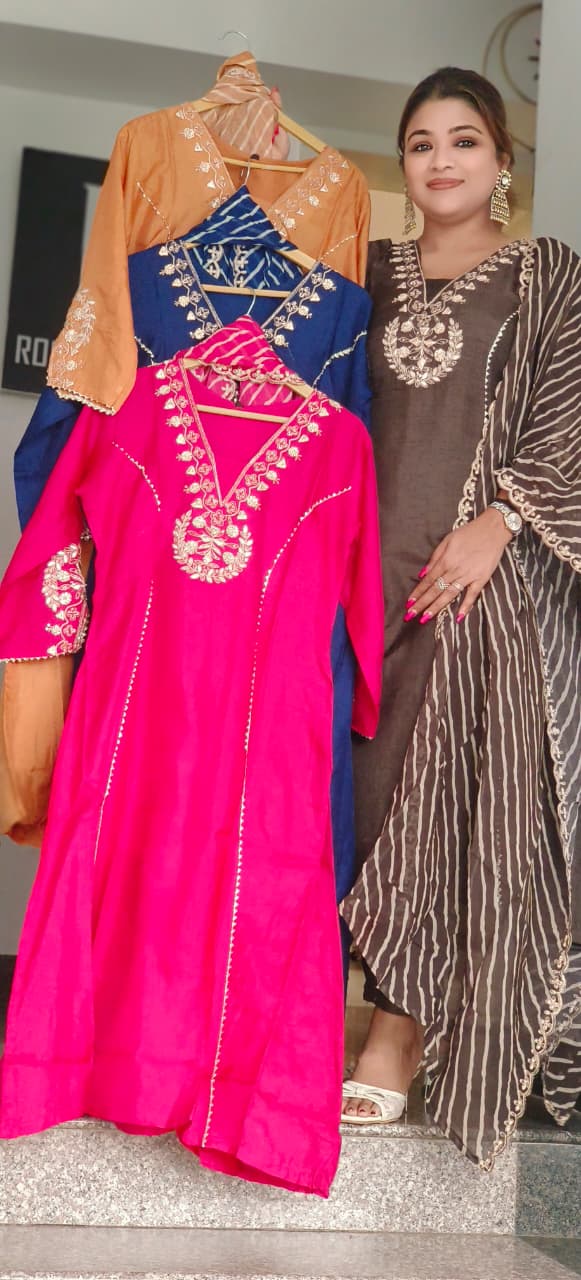 Embroidered Festive Elegance A-Line Full Suit Set With Striped Dupatta In Silk Fabric- 11044,45,46,47