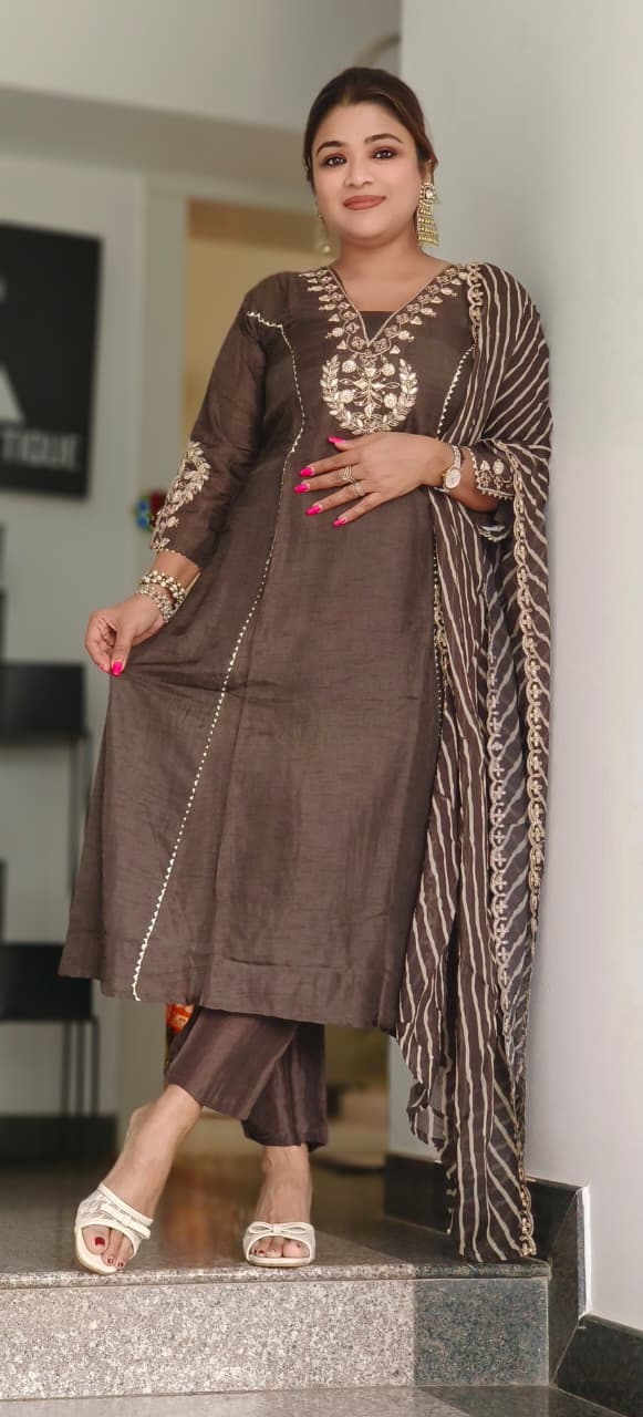 Embroidered Festive Elegance A-Line Full Suit Set With Striped Dupatta In Silk Fabric- 11044,45,46,47